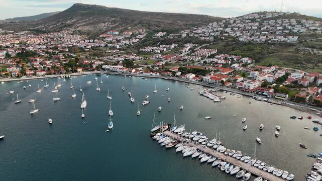 Aerial View of Fo&ccedil;a Coastline with Sailing Boats and Yachts on the Turquoise Aegean Sea in İzmir Turkey