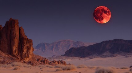 Fototapeta premium Red moon rises over desert landscape and rocky mountains