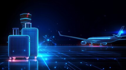 Digital luggage at airport with airplane and control tower Low poly wireframe on dark blue background with stars dots and particles