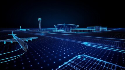 Digital airplane on a runway with control tower buildings and bus Low poly airport wireframe concept with dots and stars on dark blue