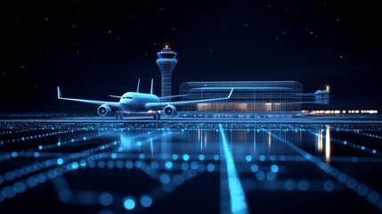Digital airplane on a runway with control tower buildings and bus Low poly airport wireframe concept with dots and stars on dark blue