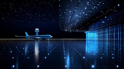 Digital luggage at airport with airplane and control tower Low poly wireframe on dark blue background with stars dots and particles