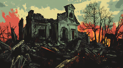 Silent echoes of the 'ukraine war' reverberate through the ruins and fires, a haunting scene of conflict and the enduring human spirit. Reverberate. Illustration