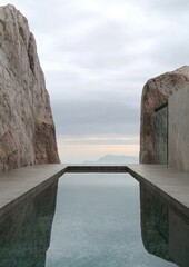 A long, narrow pool of water is reflected in the stone wall
