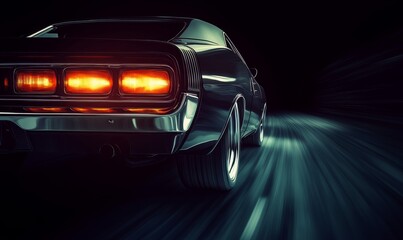 Fototapeta premium Dynamic Motion of a Classic Car at Night Emphasizing Speed and Power in Urban Settings