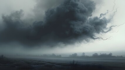 Fototapeta premium Apocalyptic Black Cloud Over Misty Landscape, Dark, Dramatic AI-Generated Artwork
