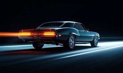 Obraz premium Dynamic Night Shot of a Classic Car Racing Through a Futuristic Urban Landscape