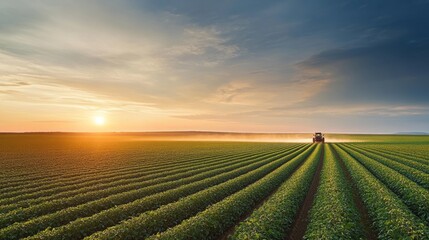 Tractor spraying soybean field in sunset., © LU