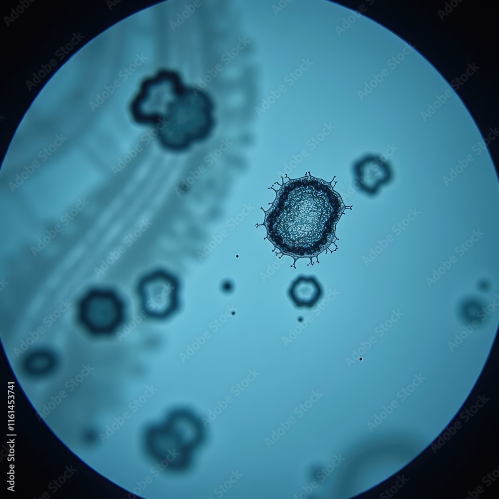 Poster Microscopic view of cellular structures of single cell and surrounding particles