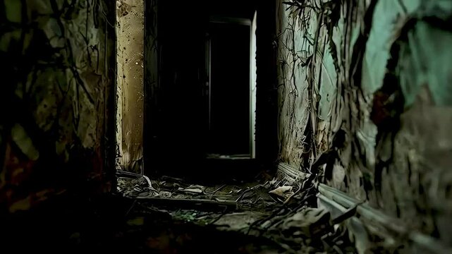 a dark hallway in a dilapidated building .
