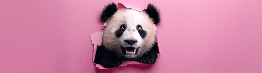 Surprised panda face breaking through pink background with playful expression. Copy space. Generative AI	