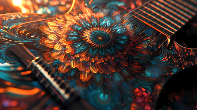 Fractal resonance bloom intricate abstract fractals reverberate around a stylized guitar-inspired logo, capturing the complexity and beauty of resonant sound frequencies. Reverberate. Illustration