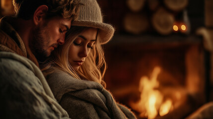 Obraz premium Cozy couple by a fireplace. Warm colors and intimate moment.