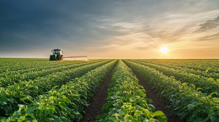 Tractor spraying soybean field in sunset., © LU