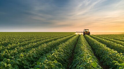 Tractor spraying soybean field in sunset., © LU