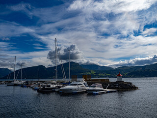 Fototapeta premium Photo of the village and port of Volda, municipality in the province of More og Romsdal, Norway.