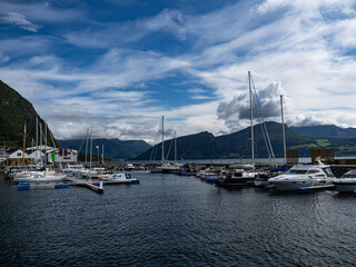 Naklejka premium Photo of the village and port of Volda, municipality in the province of More og Romsdal, Norway.