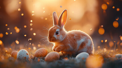 Adorable bunny surrounded by eggs at sunset.