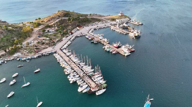 Aerial View of Fo&ccedil;a Coastline with Sailing Boats and Yachts on the Turquoise Aegean Sea in İzmir Turkey