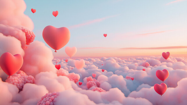 Pink heart balloons float above a dreamy cloudscape at sunset. - Powered by Adobe