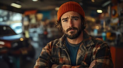Obraz premium A man with a beard and a red hat is standing in a garage