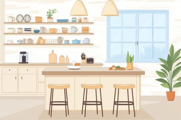 Modern kitchen interior with light colors, wooden accents, and a bright window, creating a warm, inviting atmosphere.