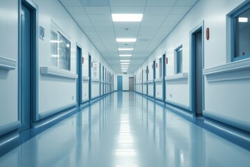 Long hospital corridor lit with blue light and multiple doors