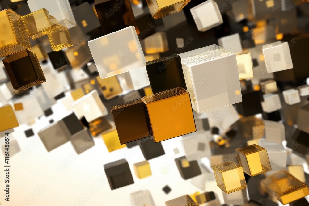 Poster abstract composition of golden and clear cubes floating against a soft gradient background.