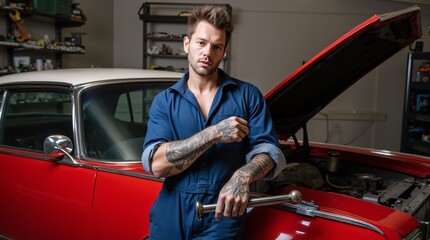 Tattooed Mechanic Restoring Vintage Red Car