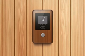 A sleek, modern thermostat mounted on wooden paneling, showcasing an elegant design for a cozy atmosphere.