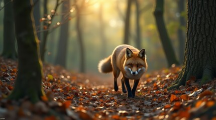 fox walking through a dense forest