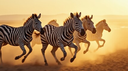 Fototapeta premium zebras running across a dusty savannah