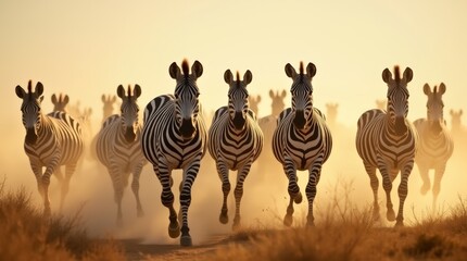 Fototapeta premium zebras running across a dusty savannah
