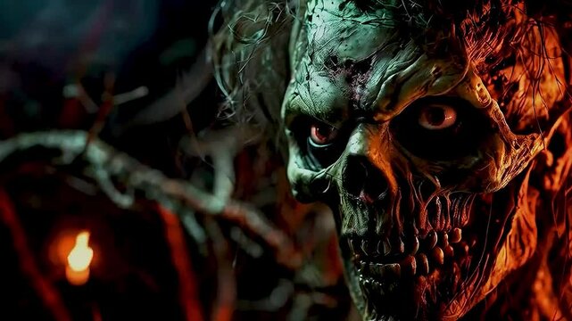 a zombie  with  a skull  and  a tree  in the background