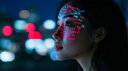Young Woman with Projected Data, Network Connections, and Binary Code on her Face in Urban Setting