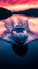 Obraz premium Majestic speedboat glides across tranquil waters under a stunning sunset sky reflecting vibrant colors