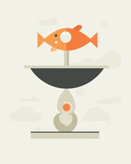 A whimsical illustration featuring a cheerful orange fish balancing on a sleek scale against a soft background.