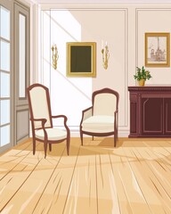 Elegant interior featuring two chairs and a wooden cabinet, bathed in soft sunlight.