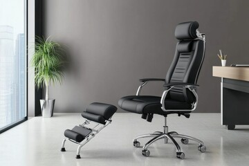 A sleek black office chair with a matching footrest, set against a modern minimalist workspace.