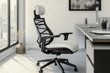 Stylish ergonomic office chair in a modern workspace with panoramic city views.