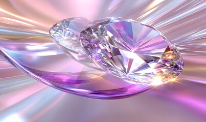 Two sparkling diamonds on iridescent surface.