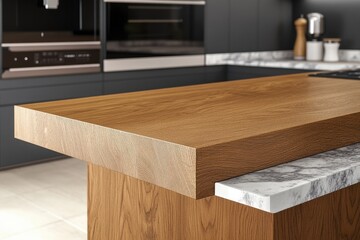 A modern kitchen featuring a sleek wooden countertop and a contrasting marble edge, exuding elegance and style.