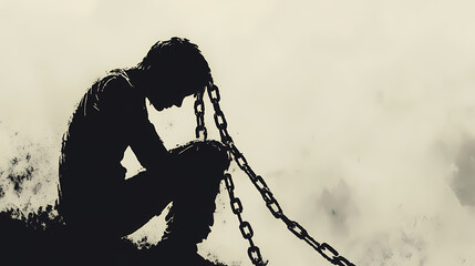 A silhouette of a person bound by chains slumped in despair. Reverberate. Illustration