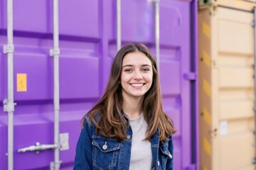 Obraz premium Teenage girl with brown hair in front of purple cargo container