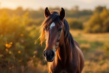 Obraz premium beautiful arabian horse breed standing and looking at camera against natural environment background, soft golden hour light