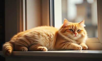 Relaxed ginger cat lounging by the window