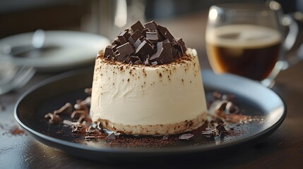 Refined Coffee Infused Semifreddo with Chocolate Shavings Presented on a Sleek Plate with Espresso