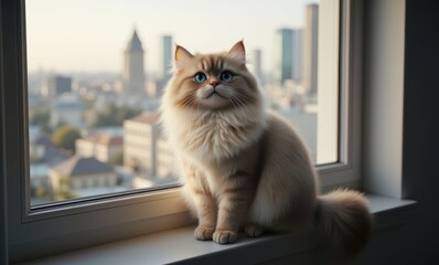 Fluffy cream cat gazing out window
