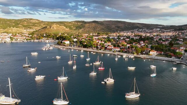 Aerial View of Fo&ccedil;a Coastline with Sailing Boats and Yachts on the Turquoise Aegean Sea in İzmir Turkey