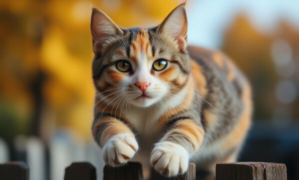 Calico cat exploring a wooden fence - Powered by Adobe